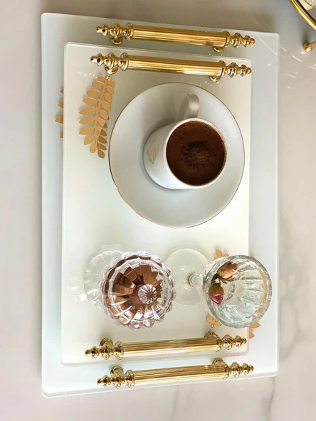 Dekoratif Aynalı Yaprak Desenli Sunum Tepsisi, Çay Tepsisi ,lüx Çay Tepsisi - Resim 4