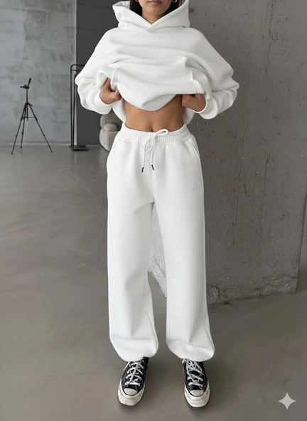 3 iplik şardonlu Lastik paça eşofman beyaz p510439 ürün görseli 1