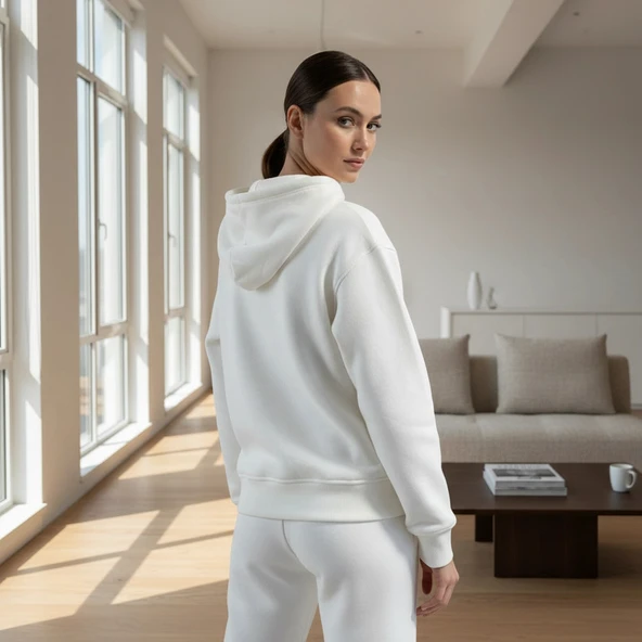 BİÇOMİ 3 iplik şardonlu kapşonlu hoodie frm beyaz p510437 - Resim 2