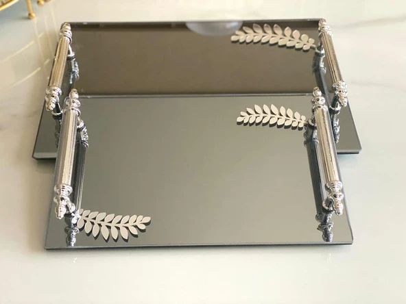 Dekoratif Aynalı Yaprak Desenli Sunum Tepsisi, Çay Tepsisi ,lüx Çay Tepsisi - Resim 9