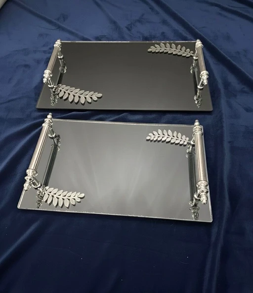 Dekoratif Aynalı Yaprak Desenli Sunum Tepsisi, Çay Tepsisi ,lüx Çay Tepsisi - Resim 10