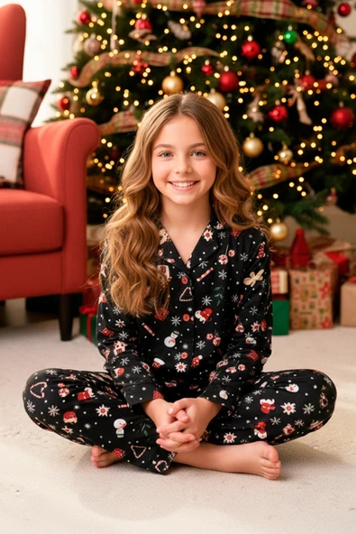 Kız Çocuk Yeni Yıl Temalı Pijama Takımı-%100 Pamuk Süet -12450 - Resim 2