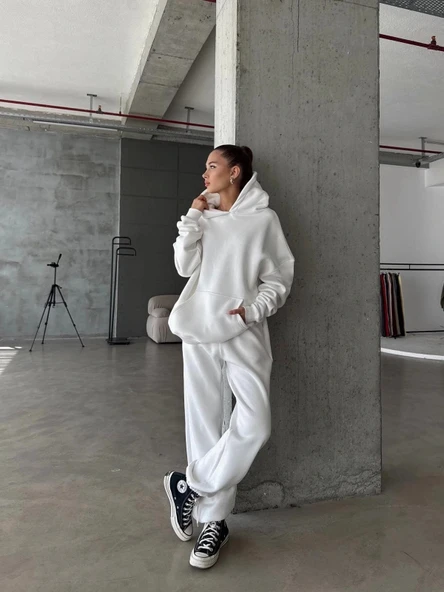 3 iplik şardonlu Lastik paça eşofman beyaz p510439 - Resim 3