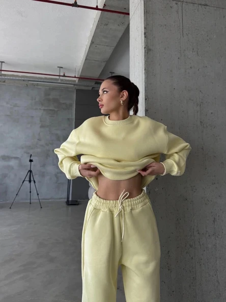 3 iplik şardonlu Lastik paça eşofman sarı p510439 - Resim 2