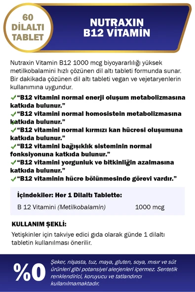 Nutraxin B12 Vitamini 1.000 mcg Kiraz Aromalı 60 Dil Altı Tablet - Metilkobalamin - Resim 2