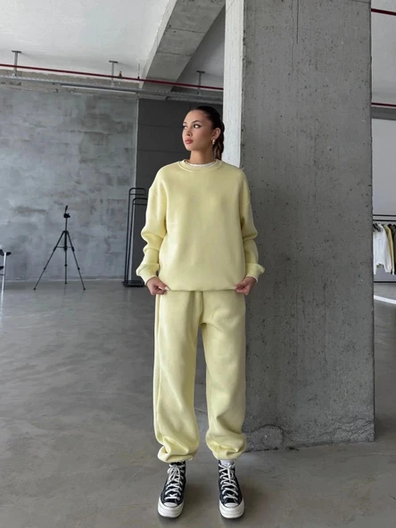 3 iplik şardonlu Lastik paça eşofman sarı p510439 ürün görseli 1