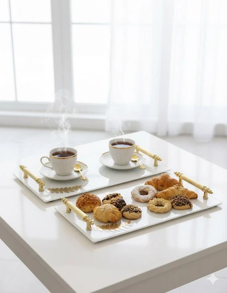 Dekoratif Aynalı Yaprak Desenli Sunum Tepsisi, Çay Tepsisi ,lüx Çay Tepsisi - Resim 2