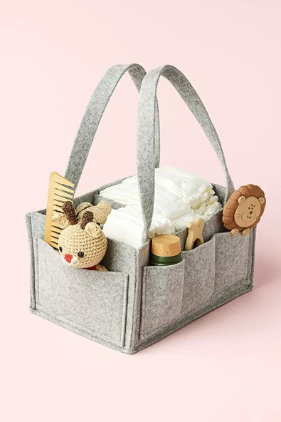 Gri Keçe Anne Bebek Bakım Çantası Krem Yenidoğan İçin Organizer Düzenleyici ürün görseli 1
