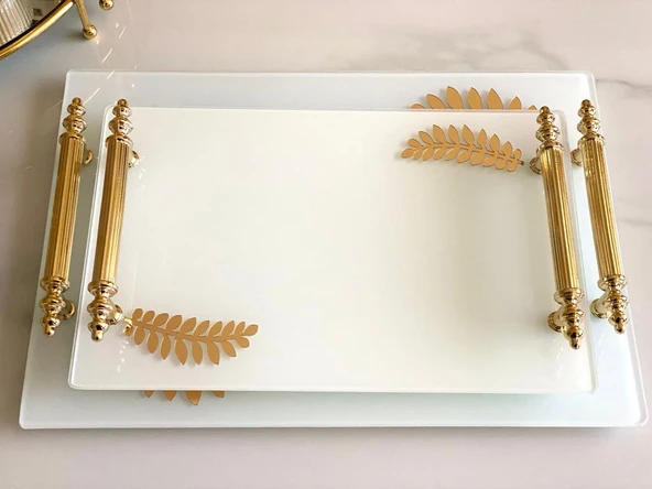 Dekoratif Aynalı Yaprak Desenli Sunum Tepsisi, Çay Tepsisi ,lüx Çay Tepsisi - Resim 3