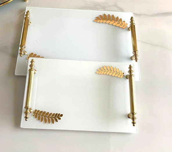 Dekoratif Aynalı Yaprak Desenli Sunum Tepsisi, Çay Tepsisi ,lüx Çay Tepsisi - Resim 5