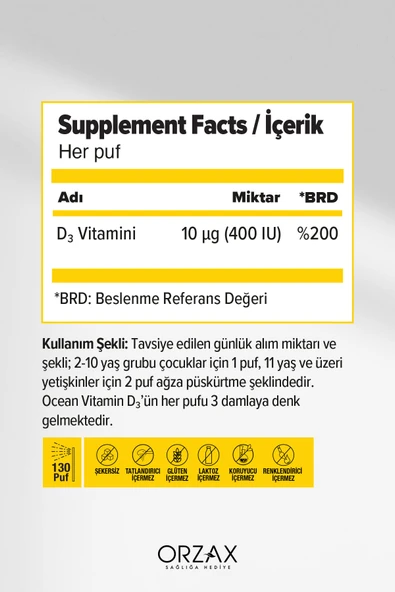 Ocean Orzax Vitamin D3 400IU Sprey 20ml - Resim 2