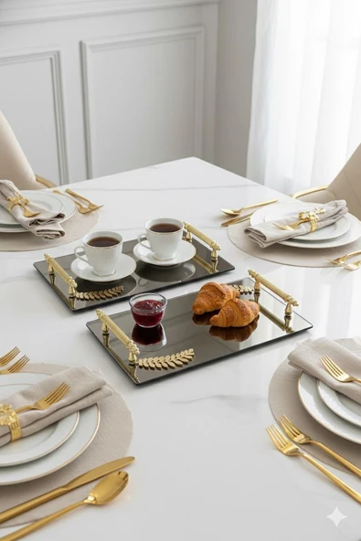 Dekoratif Aynalı Yaprak Desenli Sunum Tepsisi, Çay Tepsisi ,lüx Çay Tepsisi - Resim 12