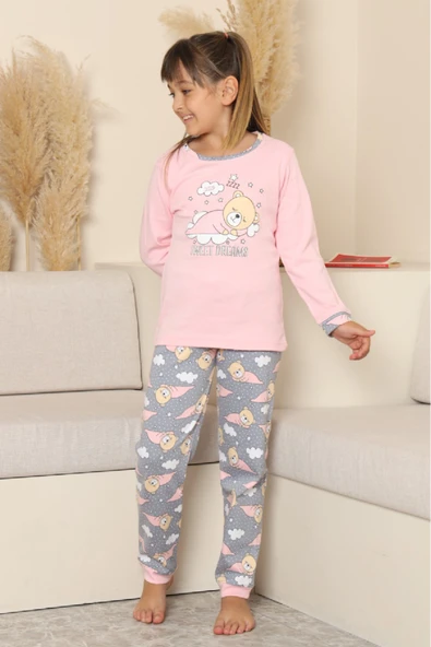 Kız Çocuk %100 Pamuk İnterlok Kumaş Pijama Takımı 11-15 Yaş 12448 - Resim 4