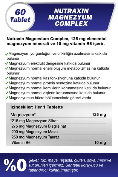 Nutraxin Magnezyum Complex 60 Tablet 125 Mg - Bisiglinat - Taurat - Malat - Sitrat - B6 - Resim 2