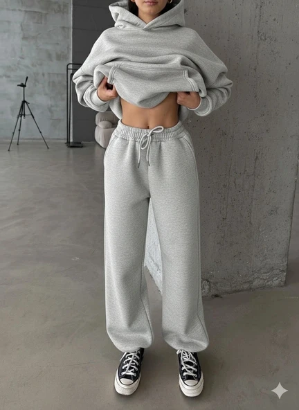 3 iplik şardonlu Lastik paça eşofman gri p510439 ürün görseli 1