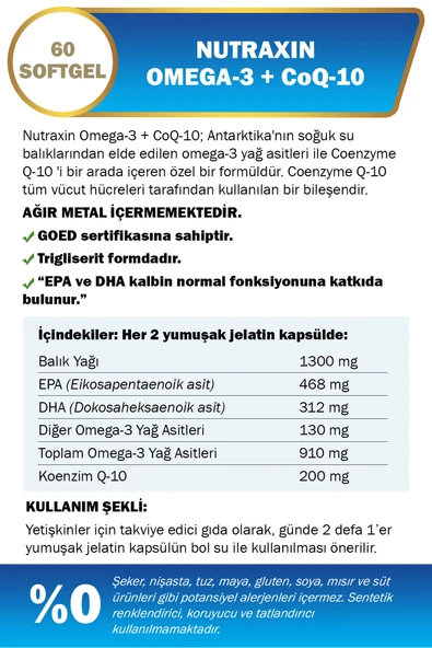 Nutraxin Omega 3  Co Q10 60 Softjel - Balık Yağı EPA 468, DHA 312,  Q10 200 Mg - Resim 2