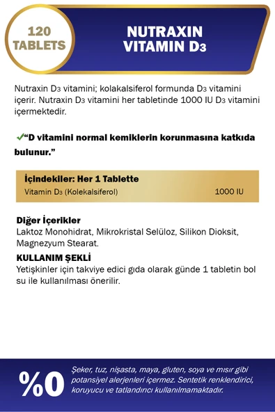 Nutraxin D3 Vitamini 1.000 IU 120 Tablet - Resim 2