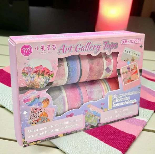 Art Vintage Washi Tape Bant Yapışkanlı Maskeleme Kağıdı Desenli Bant 12'li - Pembe Van Gogh Tabloları - Resim 5