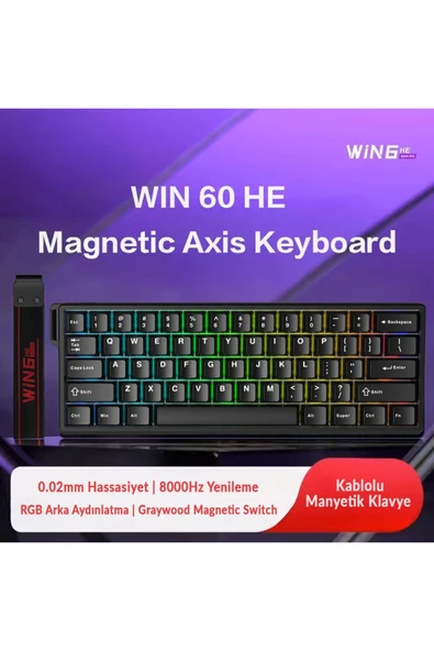 silabor WIN60 He Manyetik Klavye Rapid Trigger Graywood Swtich 8000Hz Rgb Tkl Hot Swap Oyuncu Klavyesi Siyah - Resim 2