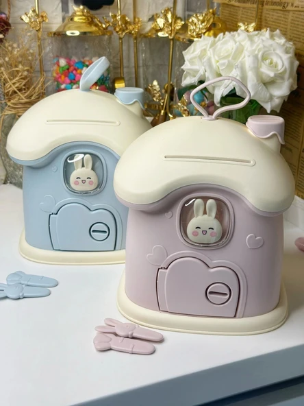 DailyTech Anahtarlı Sevimli Tavşan Figürlü Pembe Kumbara Çocuk Odası Dekoru Para Kutusu - Resim 2