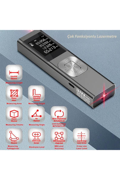 silabor 3'ü 1 arada Mini Lazer Mesafe Ölçer, Çapraz Lazer Projektör, Metal Kasa, Çoklu Ölçüm Modları - Resim 2