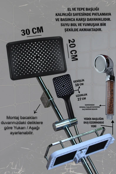 Diamond Serisi Geniş Şampuanlıklı Lüks Duş Takımı El ve Tepe Duş Başlığı Spiral Hortum - Resim 2