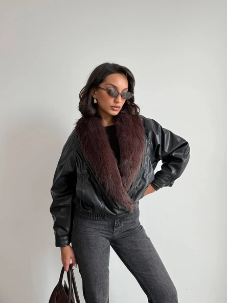 Bordo Kürk Yakalı Siyah Deri Mont ürün görseli 1