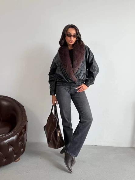 Bordo Kürk Yakalı Siyah Deri Mont - Resim 2