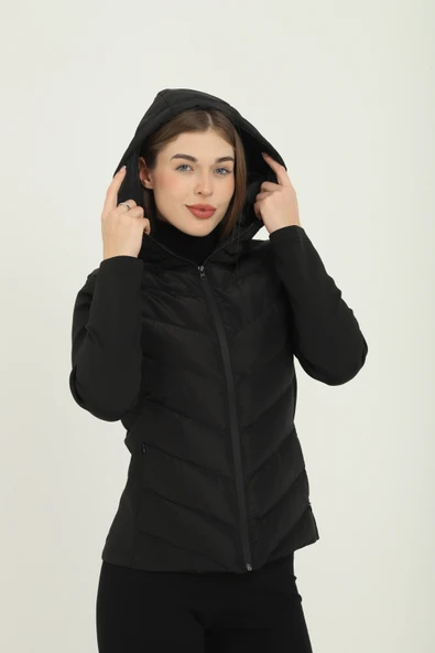 Kadın Siyah Kapüşonlu Cepli Rahat Termal Kontrast Şişme Mont - Resim 6