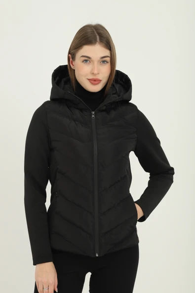 Kadın Siyah Kapüşonlu Cepli Rahat Termal Kontrast Şişme Mont - Resim 5