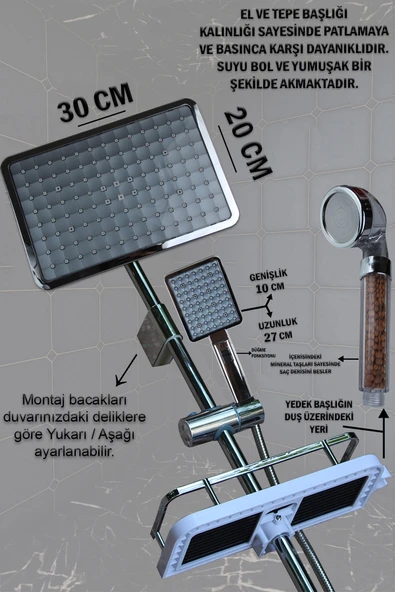 Luxury Serisi Geniş Şampuanlıklı Lüks Duş Takımı El ve Tepe Duş Başlığı Spiral Hortum - Resim 2