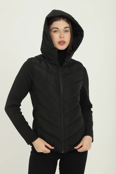 Kadın Siyah Kapüşonlu Cepli Rahat Termal Kontrast Şişme Mont - Resim 7