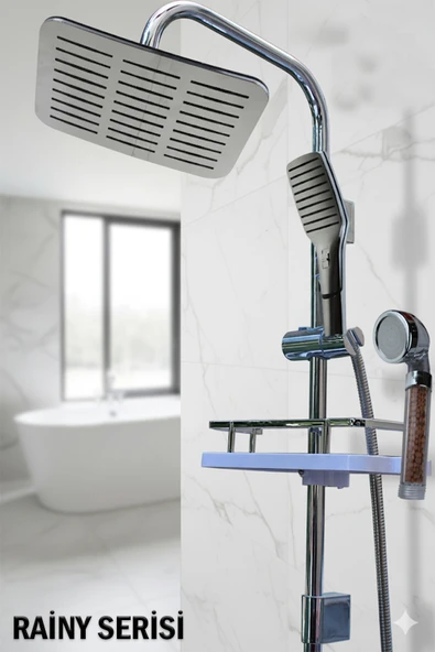 Rainy Serisi Geniş Şampuanlıklı Lüks Duş Takımı El ve Tepe Duş Başlığı Spiral Hortum ürün görseli 1