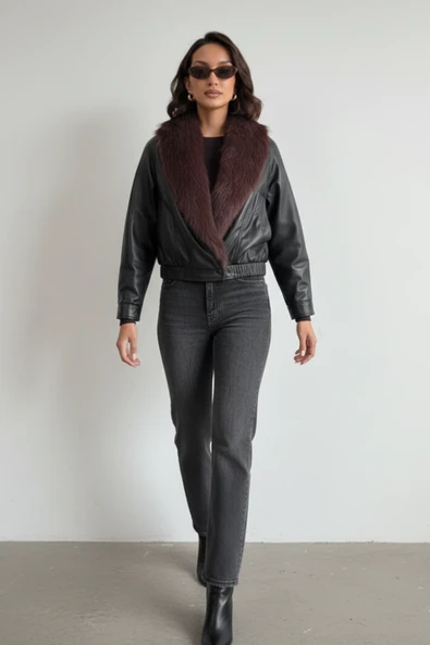 Bordo Kürk Yakalı Siyah Deri Mont - Resim 4