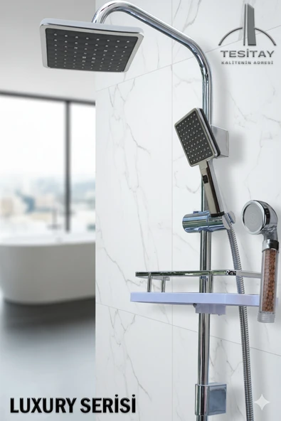 Luxury Serisi Geniş Şampuanlıklı Lüks Duş Takımı El ve Tepe Duş Başlığı Spiral Hortum ürün görseli 1