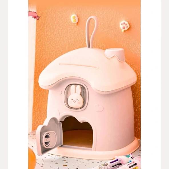 DailyTech Anahtarlı Sevimli Tavşan Figürlü Pembe Kumbara Çocuk Odası Dekoru Para Kutusu - Resim 3