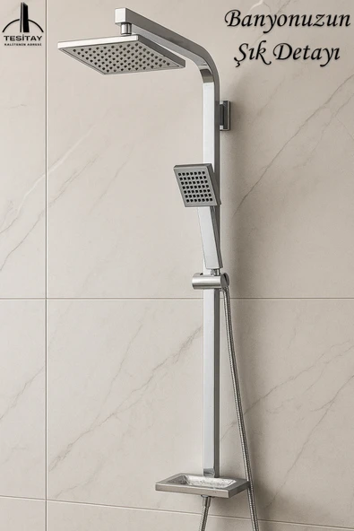 Chromium Serisi Kare Model Lüks Duş Takımı El ve Tepe Duş Başlığı Spiral Hortum - Resim 3