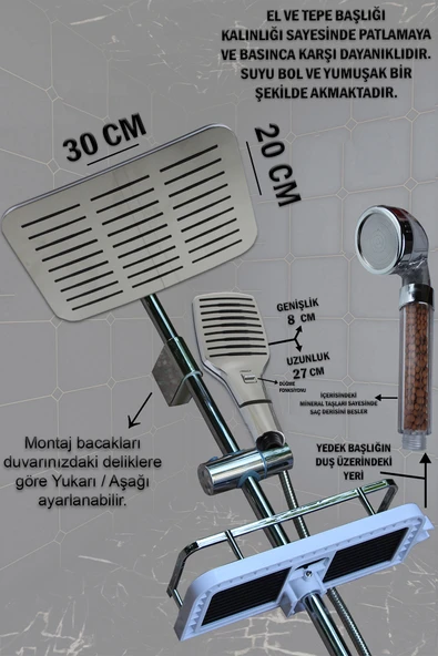 Rainy Serisi Geniş Şampuanlıklı Lüks Duş Takımı El ve Tepe Duş Başlığı Spiral Hortum - Resim 3
