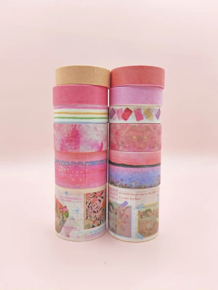 Art Vintage Washi Tape Bant Yapışkanlı Maskeleme Kağıdı Desenli Bant 12'li - Pembe Van Gogh Tabloları - Resim 2