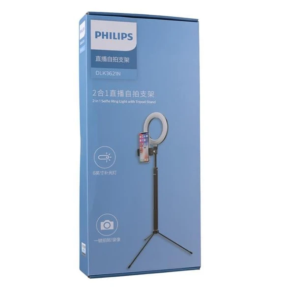 Philips 2İn1 Tripod Standlı Youtube Tiktok Selfie Çekim Işıklı Telefon Tutucu - Makyaj Işığı DLK3621N/93 - Resim 3