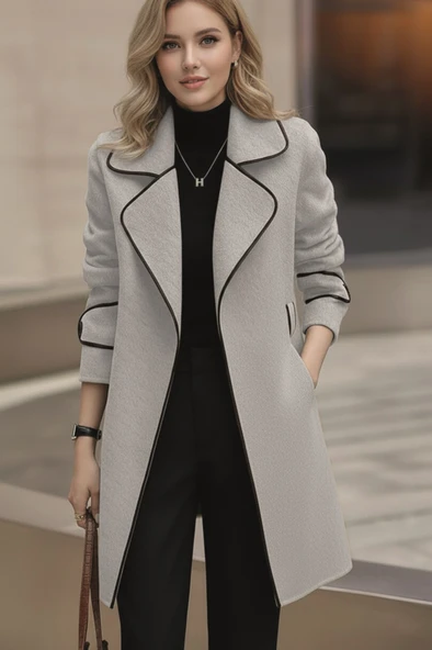 Kaşe Kadın Şık Yaka Kaban ve Kemer ürün görseli 1