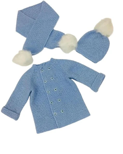 Haroşa Modeli El Örgüsü Mavi Renk Bebek Hırka Bere ve Atkı Takımı ürün görseli 1