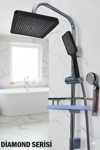 Diamond Serisi Geniş Şampuanlıklı Lüks Duş Takımı El ve Tepe Duş Başlığı Spiral Hortum ürün görseli 1