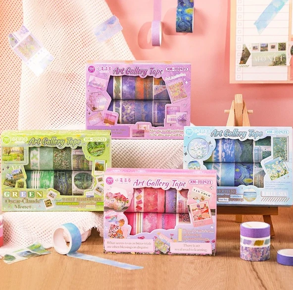Art Vintage Washi Tape Bant Yapışkanlı Maskeleme Kağıdı Desenli Bant 12'li - Pembe Van Gogh Tabloları - Resim 6