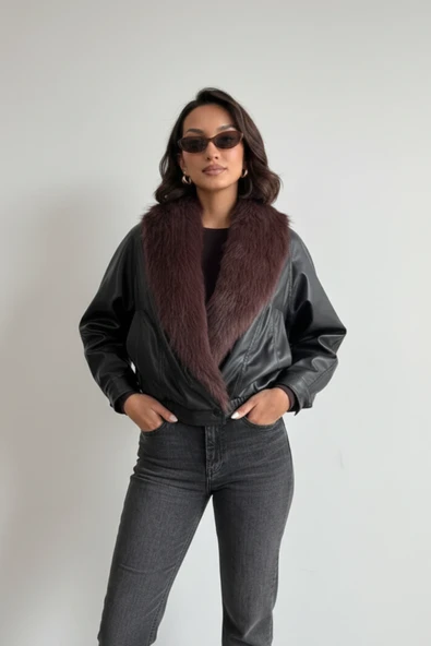 Bordo Kürk Yakalı Siyah Deri Mont - Resim 5