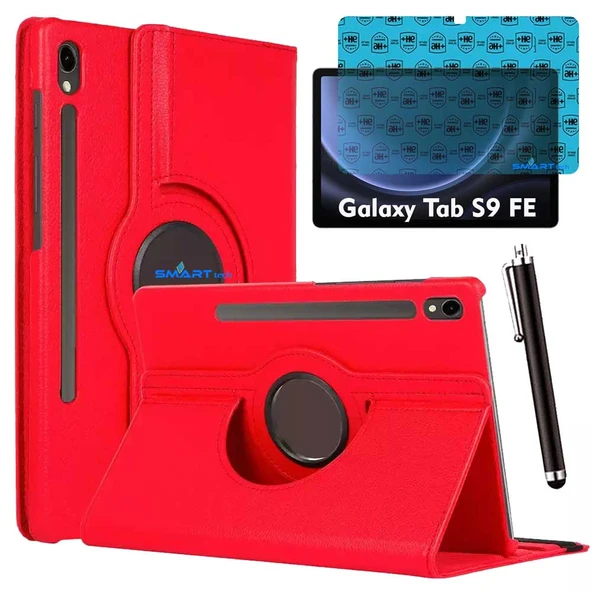 Samsung Galaxy Tab S9 FE Uyumlu Tablet Kılıfı Ekran Koruyucu Kalem Set Kırmızı ürün görseli 1