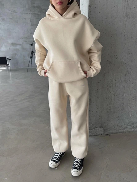 3 iplik şardonlu Lastik paça eşofman bej p510439 - Resim 4