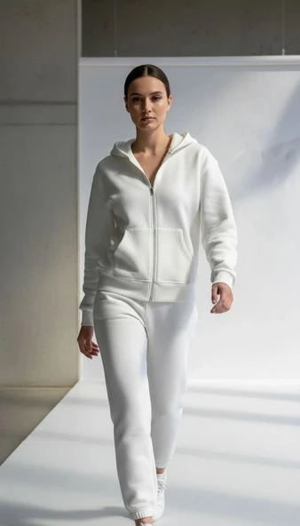 3 iplik şardonlu kapşonlu hoodie frm beyaz p510437 - Resim 5