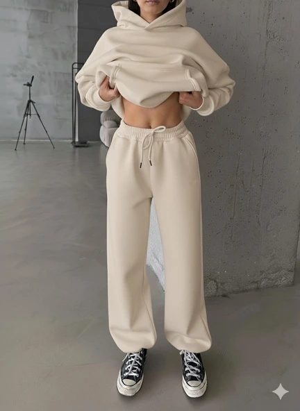 3 iplik şardonlu Lastik paça eşofman bej p510439 ürün görseli 1