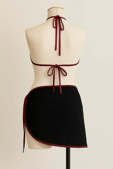 Kadın Bordo Siyah Pareolu Yandan ve Boyundan Bağlamalı 3'lü Bikini Takımı - Resim 3